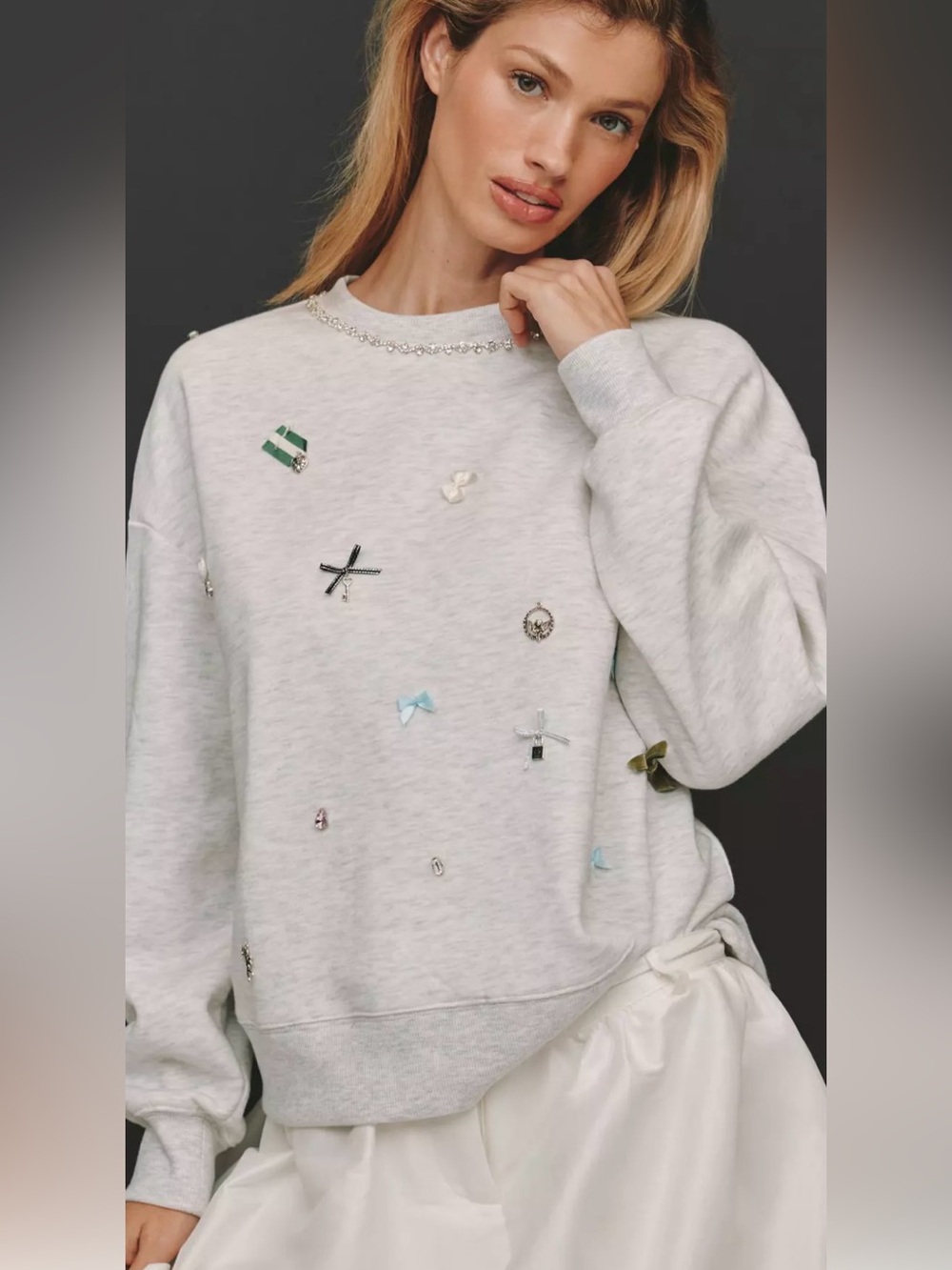 NWT Maeve Light Gray Embellished Crewneck Sweatshirt SIZE XLP